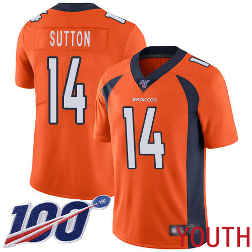 Youth Denver Broncos 14 Courtland Sutton Orange Team Color Vapor Untouchable Limited Player 100th Season Football NFL Jersey